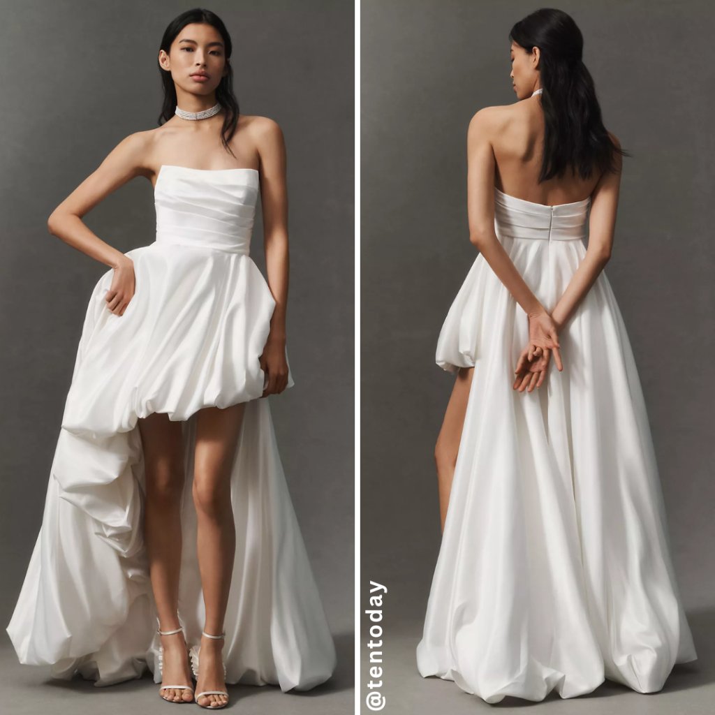 Mac Duggal 11685 Size 6 White Strapless Ruched Satin High Low Gown Maxi Dress